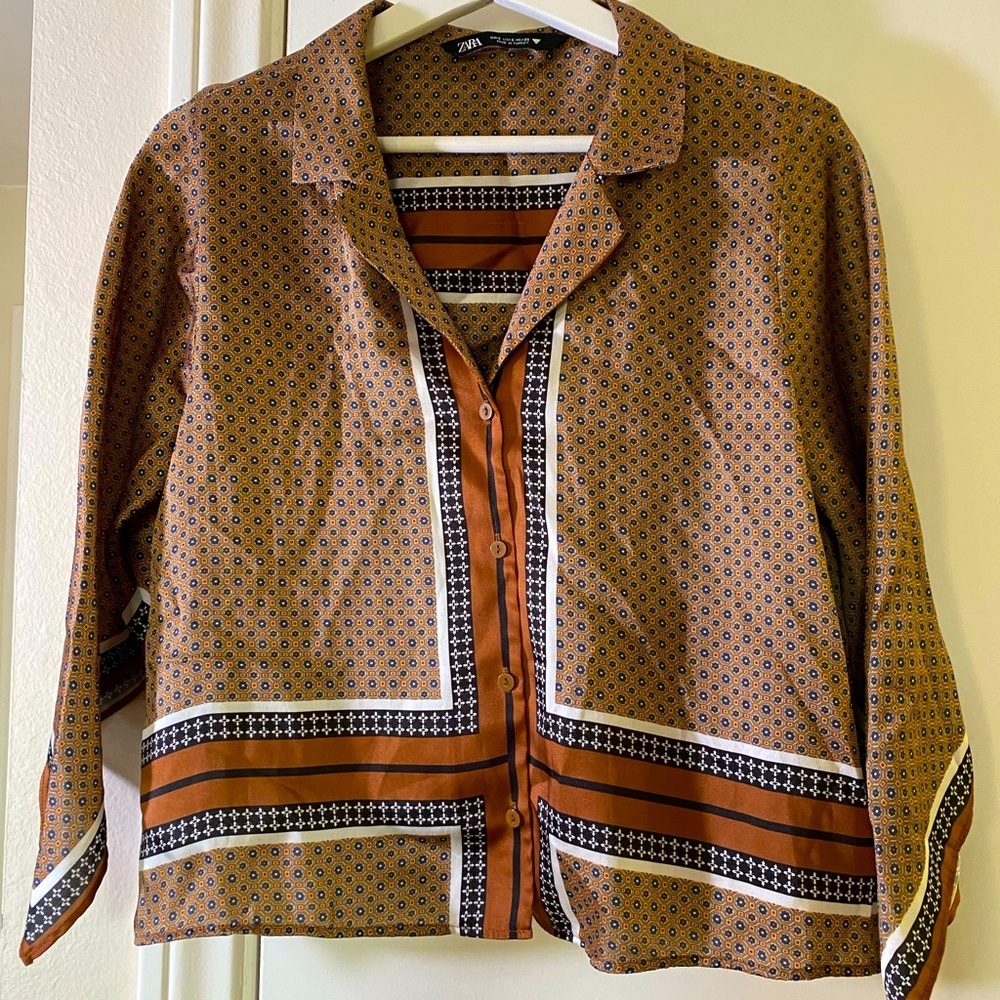 Zara Brown Printed Button-Front Blouse